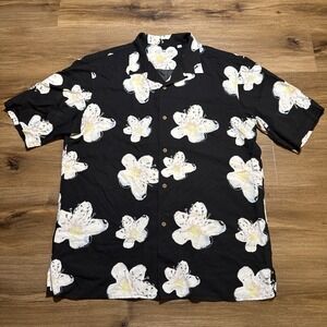Uniqlo‎ Shirt Mens MEDIUM Black Hawaiian Camp Floral Loop Collar Button Up Rayon